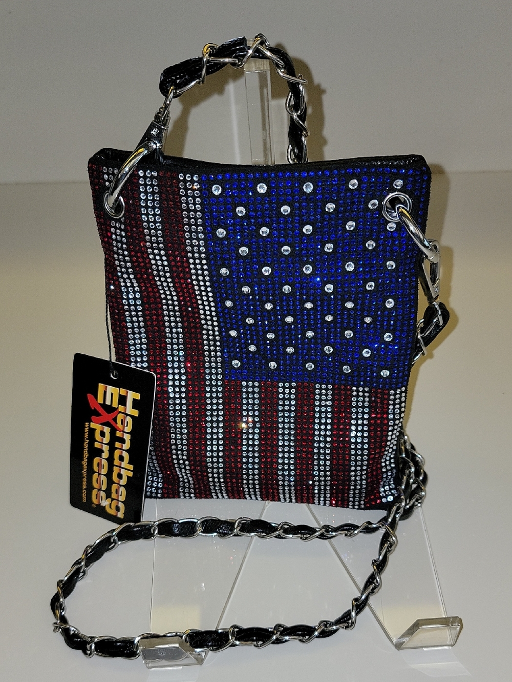 DAZZLING RHINESTONE AMERICAN FLAG CROSSBODY BAG.